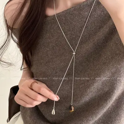 Tiger's eye water drop pull-through necklace, long design, women's accessory - 4