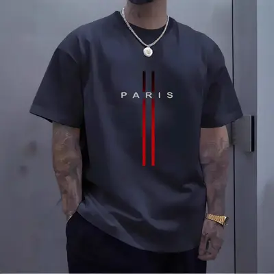Erkek %100 Pamuk Bol Kalıp Paris Harfli Baskılı Kısa Kollu T-Shirt - 7