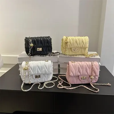 Women's Small Square Bag with Chain Clasp, Diamond-Quilted Stitching
