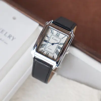 Men's wristwatch with leather strap, square dial, Roman numerals, quartz movement