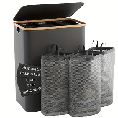 Foldable Oxford Fabric Laundry Basket with Bamboo Frame and Lid - 12