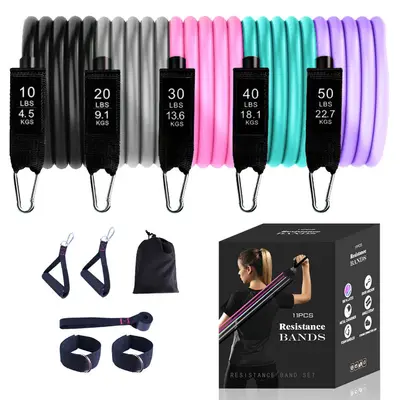 Hot-Selling Women's TPE 11-Piece Resistance Band Set, Latex Fitness Yoga Pull Rope Exercise Bands, Home Resistance Bands, Factory Direct