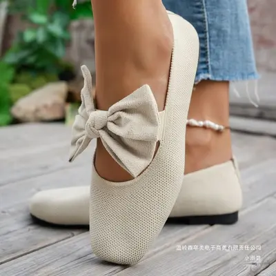 Women's Autumn Bow Knit Square-Toe Flat Shoes, Plus Size
