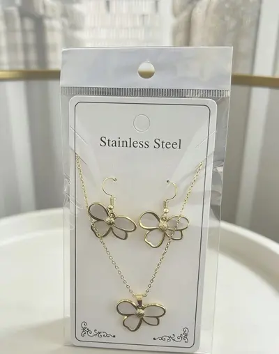 Flower and Water Drop Enamel Earring and Necklace Set, Stainless Steel - 12