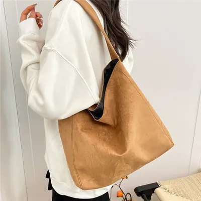 Suede-Look Women's Bag Large Capacity Leopard Print Retro Single Shoulder Bag - 9