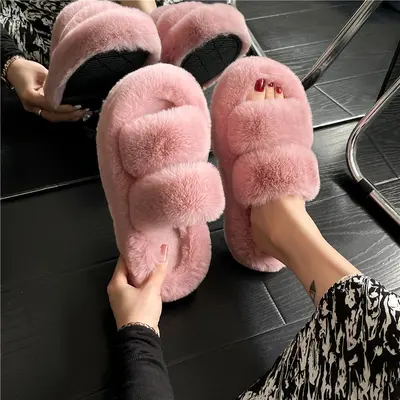 Women's Plus Size Fluffy Slippers, Non-Slip Cotton House Slippers