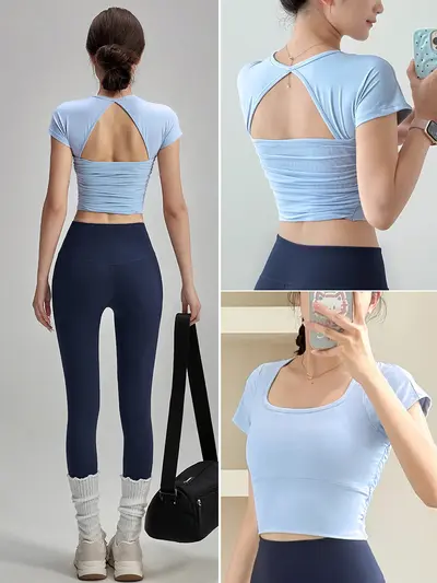 Women's Yoga Set with Chest Pads, Short Sleeve, Quick-Dry - 1