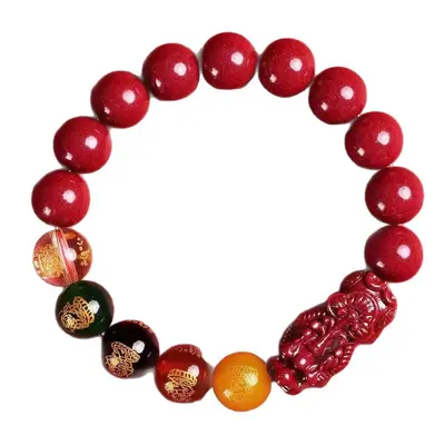 Purple Gold Sand Cinnabar Five-Way God of Wealth Bracelet with Pixiu, Low Content