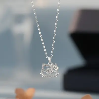 Silber-999-Zirkonia-Katzenhalskettenanhänger, koreanischer Stil