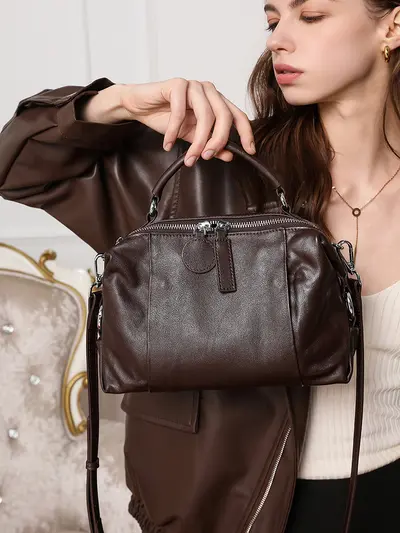 Women's Genuine Leather Boston Bag with Crossbody Strap