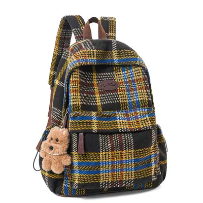 Retro Wool Plaid Women's Backpack for High School and University Students - 10