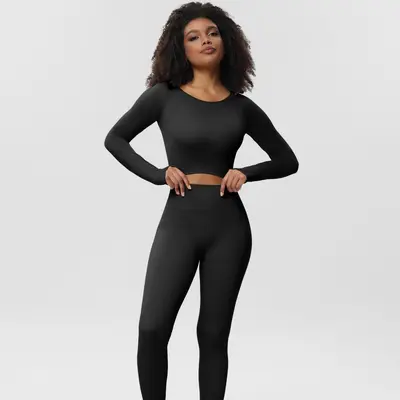 Herbst-Yogaset, 3-teilig, nahtlose Yogahose, Sport-Top und langärmliges Oberteil - 10