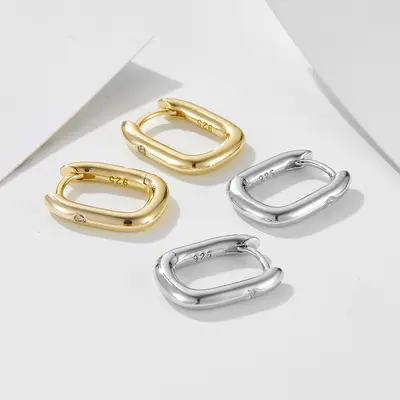 Silberne Ohrringe, ovale U-Form, mit Diamanten, minimalistisch - 4