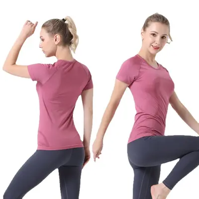 UYARLANMIŞ DEVLET yoga kıyafeti kadın sporları yüksek elastik spor dar üst yuvarlak yakalı kısa kollu tişört 2.0