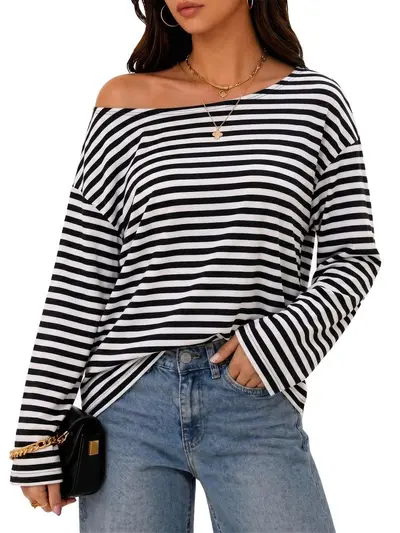 Damen-Rundhals-Langarmshirt gestreift mit Kontrastfarben - 9