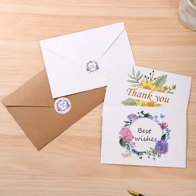 Foldable Thank You Greeting Card with Flowers, Kraft Paper, White Envelope and Seal