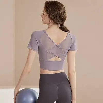 Women's Open-Back Short-Sleeve Yoga Top with Built-in Chest Pads - 7
