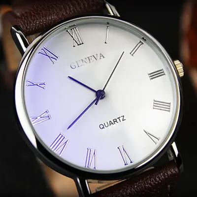 Korean fashion men's watch, alloy case, roman numerals, leather strap