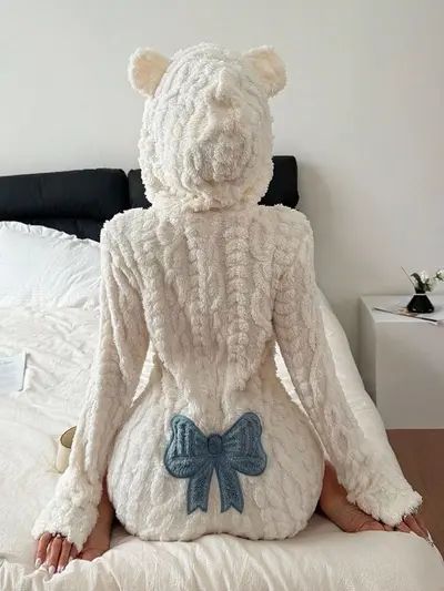 Women's Hooded Long Sleeve Plush Jumpsuit with Bow Pattern