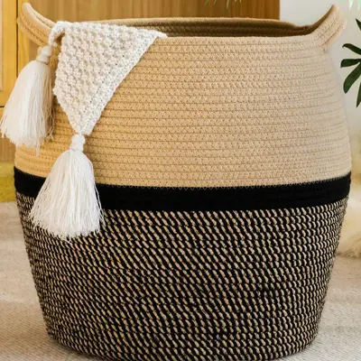Woven Cotton Rope Storage Basket with Handle, Laundry Hamper