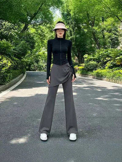 户外跑步健身套装女收腰拉链长袖上衣抽绳遮胯裙裤两件套瑜伽服秋