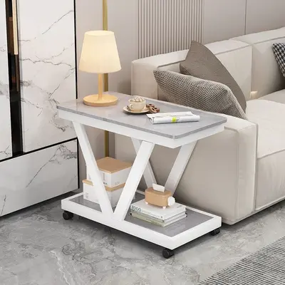 Rock Slab Sofa Side Table with Wheels, Movable Small Coffee Table - 8