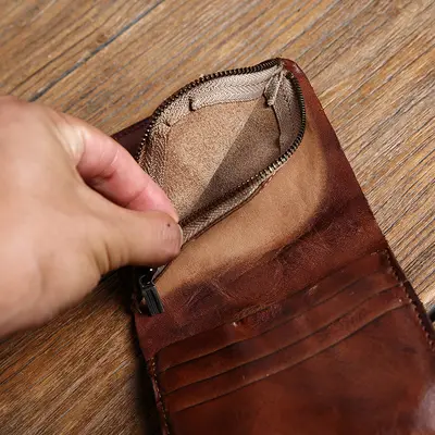 Handgefertigte Herrenbrieftasche, kurz, Hochformat, Leder - 5