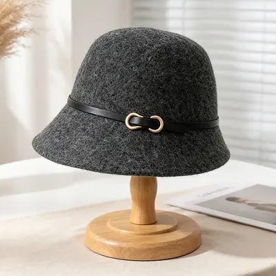 Korean-Style Wool Fisherman Hat, Metal Ring Leather Belt Buckle - 11