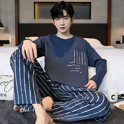 Men's Long Sleeve Pajama Set, Cartoon Print, Loose Fit