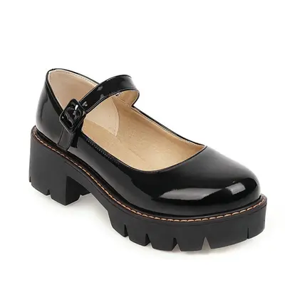 Thick-Soled Mary Jane Women's Shoes, Single Strap, Patent Leather, Buckle