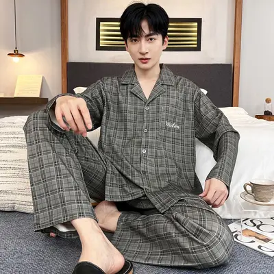 Herren-Pyjama-Set langarm mit Strickjackenkragen, Übergröße
