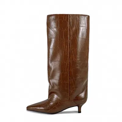 European and American Style Foreign Trade Kitten Heel Oversized Wide-Barrel Design Irregular Stone Pattern Individual Knee-High Boots Plus Sizes 35-45