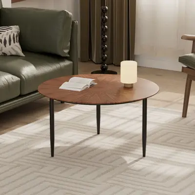 Round Glass Side Table with Wood Grain, for Small Apartments