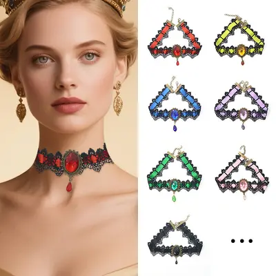 Vintage Gemstone Lace Necklace for Halloween Masquerade Party