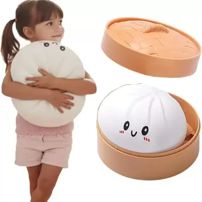 Macaron Color Oversized Simulated Steamed Bun Squishy Flour Bun with Steamer Basket Stress Relief Toy Decompression Big Bun