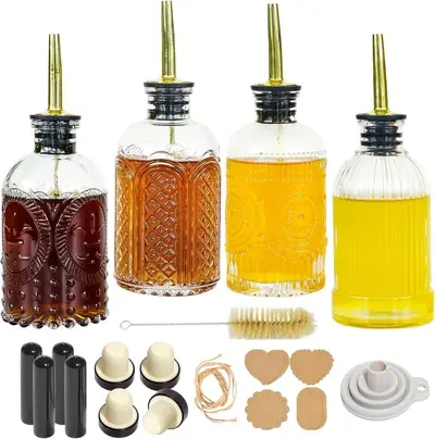 Embossed Glass Condiment Dispenser Bottle Set, Transparent - 9