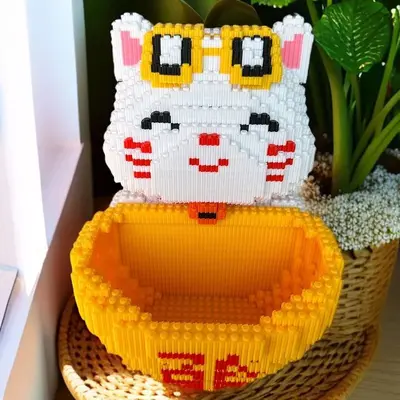 中国风财神爷摆件招财猫存钱罐积木diy益智儿童拼装玩具