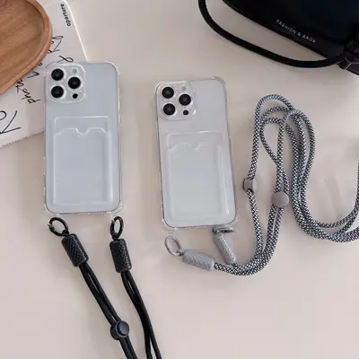 iPhone 15 için uygun, Apple iPhone 14 cep telefonu kılıfı ile uyumlu, şeffaf siyah kartlık, çapraz askılı kordon. - 4