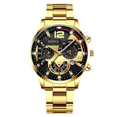 Men's calendar watch with steel band, sports design