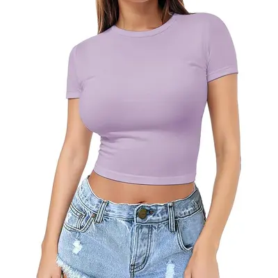 Cross-border European and American style crop top t-shirt hot girl summer sweater women's slim round neck fashion milk silk short sleeve - 11