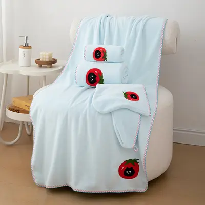 Apple Kitten Cartoon Embroidered Bath Towel Set, Coral Fleece, Quick-Dry - 6