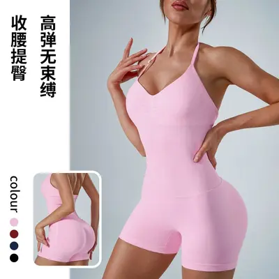 跨境挂脖露背连体瑜伽服女高腰收腹提臀裸感健身外穿速干连体衣