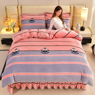Warm Thickened Milk Fleece Four-Piece Bedding Set Winter Anti-Static Duvet Cover Bed Skirt Style Flannel Dormitory Three-Piece Set Wholesale