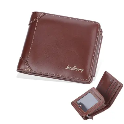 Men's Short Wallet with Vertical Zipper, Buckle and Coin Pocket - 12
