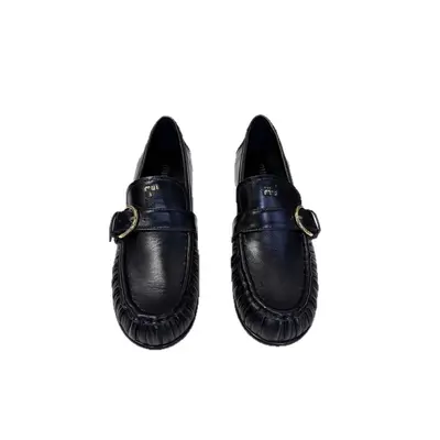 Correct version mi*British Retro Versatile Belt Buckle Small Leather Shoes Chunky Heel Height-Increasing Slip-On Genuine Leather Loafers for Women
