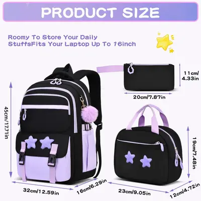 Waterproof Girls' School Backpack Set of 3, Large Capacity - 3
