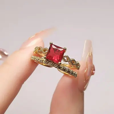 Retro Chinese Style Women's Ring, Square Sapphire, 24K Gold Plated, Red Diamond