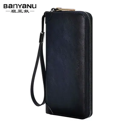 Banyanu Men's Long Zipper Wallet, Large Capacity, Genuine Leather - 9