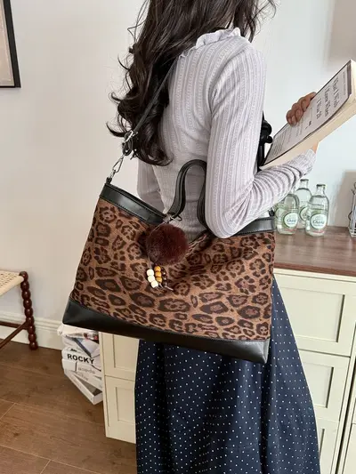 Large-Capacity Suede-Look Tote Bag with Single Shoulder Strap for Commuting