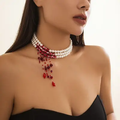 Pearl necklace with dripping blood design, choker chain